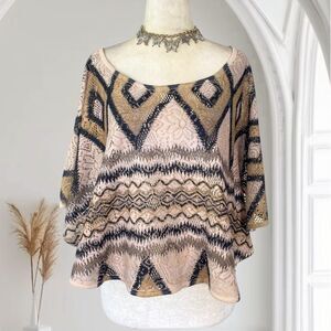 Wet seal Boho Cream Tan Brown Crochet Knit Bat Sleeve Shawl Top OS